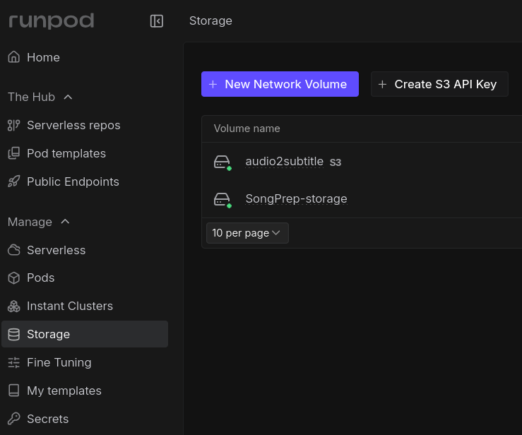 Alt Runpod Storage page