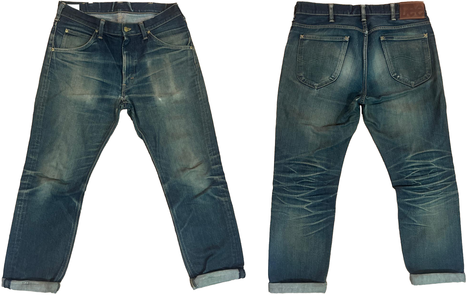 The wear pattern on my own jeans. They started as raw denim and have naturally faded from wear. Alt Kyle's faded jeans
