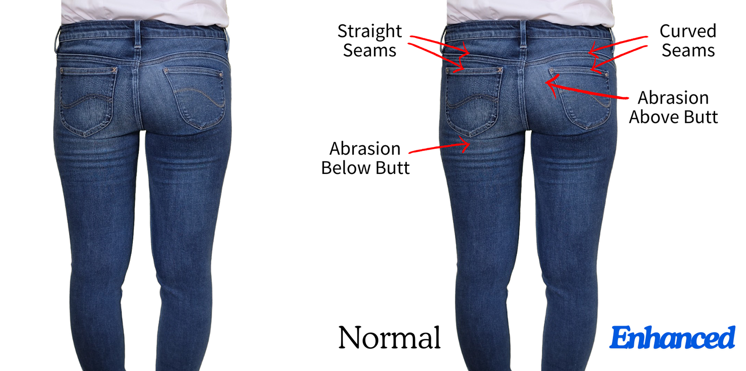 The 'half-&half' jeans with the design features called out for normal construction vs 'butt-enhancing' construction. Photo by Justin Mark. Alt The "half-&-half" jean with design features called out